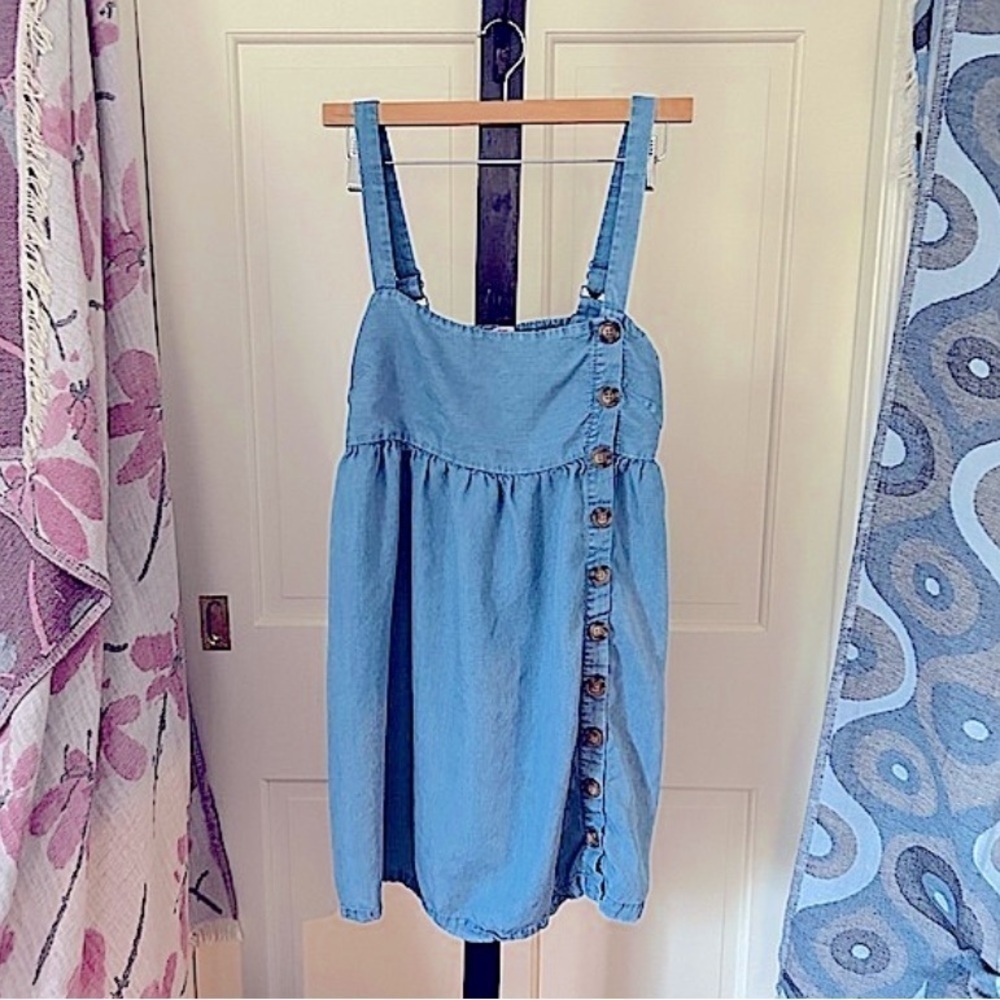 Denim Dress Button Up Denim Mini Dress Tortoise Front Side Buttons Size Medium